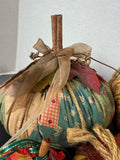 Lot of 5 Bohemian Patchwork Fabric Pumpkins with Rustic Metal Leaf Garland