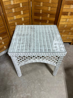 White Wicker & Glass End Table