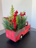 Farmhouse Style Wooden Red Pickup with Galvanized Tin Accents and Faux Holiday Picks