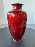 Japanese Ginbari Cloisonne Red Cherry Blossom & Birds Vase