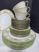 32-Noritake Japan N830 Green Rimmed Floral China Set