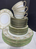 32-Noritake Japan N830 Green Rimmed Floral China Set