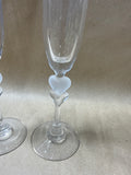 Gorham Amore Crystal Champagne Flutes Double Heart Stems - Pair