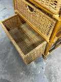 Curved Bent-Rattan Vintage Three Drawer Storage Unit; Side Handles and Woven Wicker Baskets