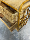 Curved Bent-Rattan Vintage Three Drawer Storage Unit; Side Handles and Woven Wicker Baskets