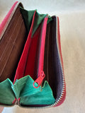 Dooney & Bourke Brown Leather Whipstitch Zip Around Wallet With Red & Green Interior