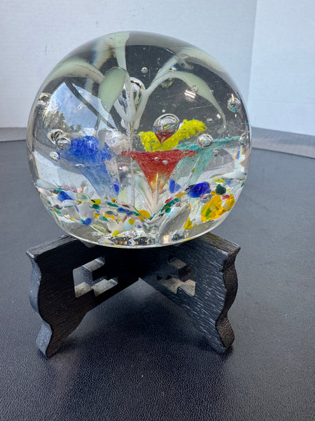 (F) Bubble Floral Garden Art Glass Paperweight on Stand AS IS (READ DESCRIPTION CAREFULLY)