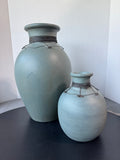 Pair of Heavyweight Gray Blue Pottery Vases with Wire Accents