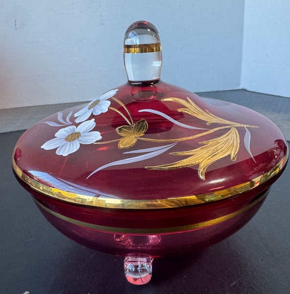 (A) Bohemia Czech Republic Cranberry Crystalex Handpainted Floral 3-Toed Candy Dish