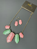 Hope Collection Pink & Green Swirled Stone Geometric Gold Tone Necklace & Earrings Set