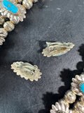 Hand Made Native American Navajo Silver Tone Turquoise Squash Blossom Necklace & Clip Earrings Set