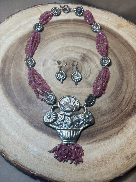 Silver Tone & Pink Necklace & Earring Set