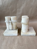 Alabaster Pair of Carved Column Pillar Candlesticks with Rope-Twist Detail