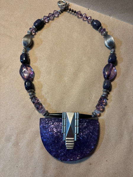 Large Purple & Black Necklace with Silver Accents