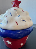 Red, White & Blue Ceramic Cupcake Cookie Jar