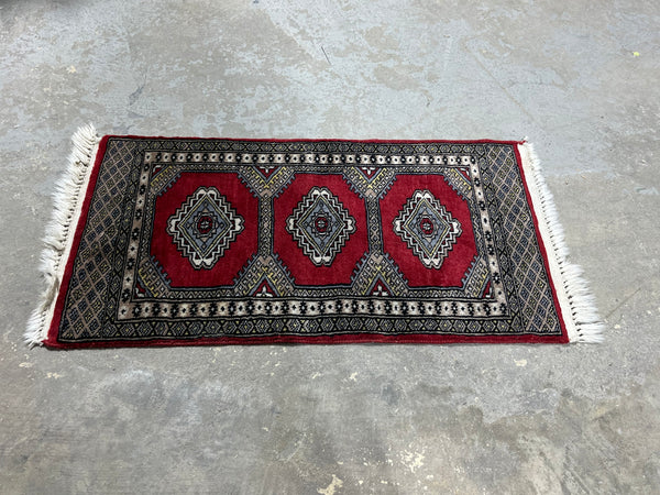 D-Hand Knotted Rug, Red/black tones, 36"x18"