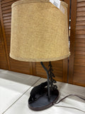 Black Bear Metal and Wood Lamp w/Burlap Shade, WORKS