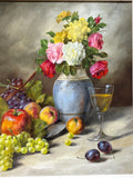 Still Life Print on Canvas of Fruit & Roses by A. Balieu; Signed