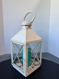 Distressed Cream Metal Lantern with River Rocks & Pillar Candle