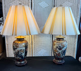 Pair of Asian Inspired Imari Style Floral Bird Urn Lamps (WORKS)