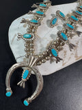 Hand Made Native American Navajo Silver Tone Turquoise Squash Blossom Necklace & Clip Earrings Set