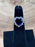 Silver Tone Heart Shaped Ring - Faux Diamonds & Sapphire  SIZE 5.25