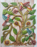 Duval Signed Haitian Floral Birds Tree of Life Punched Metal Wall Art