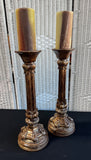 Pair of Bronze Look Ornate Pacific Rim Candlesticks with Pillar Candles