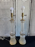 Pair of Warren Kessler Style Vintage MCM White Opaline Milk Glass Column Table Lamps (WORKS)