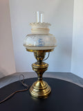 Quoizel Style Vintage Brass Hurricane Lamp with Floral Etched Glass Shade (WORKS)