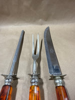 3 Piece Amber Lucite Faux Tortoise Shell Handle Carving Set