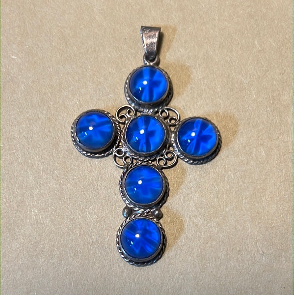 Sterling Cross Pendant with Blue Stones