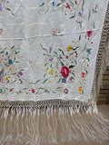 Floral And Bird Hand Embroidered Silk Shawl With Fringe * READ DESCRIPTION *