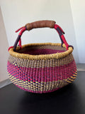 Pink & Purple Woven African Bolga Basket with Leather Wrapped Handle