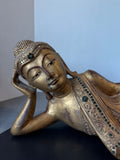 Reclining Burmese Mandalay Style Gilded Vintage Wooden Buddha with Glass Inlay
