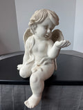 White Painted Terra Cotta Sitting Cherub Garden Sculpture