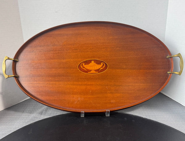 Manning Bowman Quality Vintage Mahogany Inlaid Oval Tray with Brass Handles