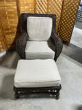 Heavyweight Brown Wicker/Rattan Chair with Ottoman, With Cushions, Unbranded