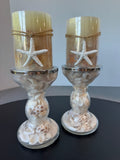 Pair of Pier 1 Imports Glass Seashell Pillar Candle Holders with Candles