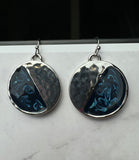 Blue Swirl & Hammered Silver Tone Disc Earrings