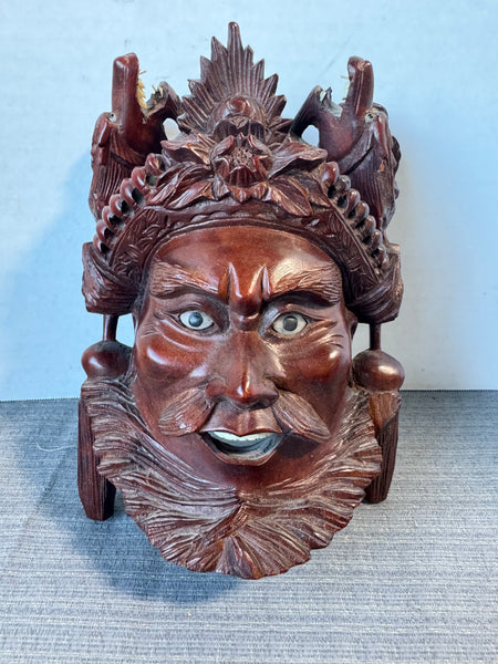 (A) Vintage Chinese Carved Rosewood Mask with Foo Dog Headdress