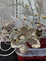 Gold & Frosted Faux Florals in Red Wooden Woven Basket