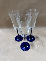 Set Of 3 Champagne Flutes With Cobalt Blue Stems