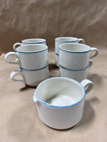 9 Piece Stoneware With Blue Trim Coffee Mugs And Creamer