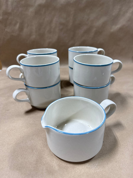 9 Piece Stoneware With Blue Trim Coffee Mugs And Creamer