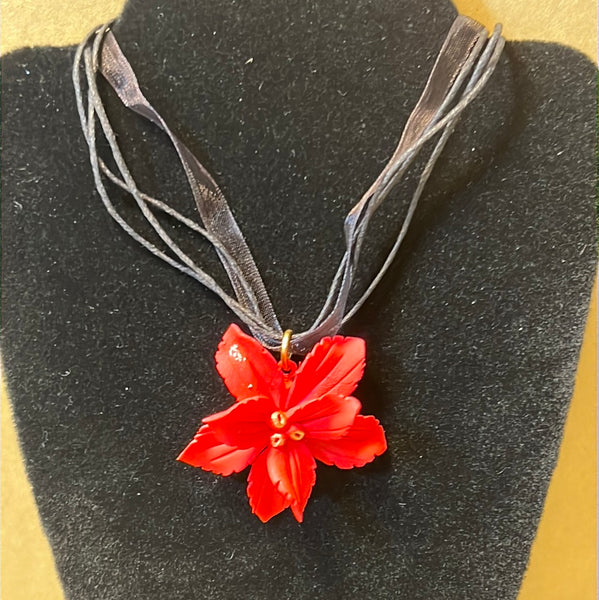Poinsettia Pendant On Ribbon Necklace