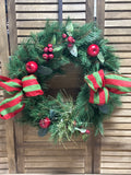 Holiday Wreath with Red & Green Bows