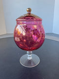 (B) Bohemia Czech Cranberry Glass Handpainted Floral Footed Candy Dish