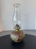 Signed Studio Pottery Oil Lamp with Eagle Burner & Hurricane