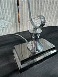 Pair of Modern Curved Chrome Lamps with Dusty Blue Shades (WORKS)